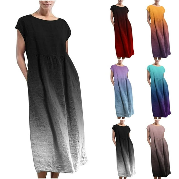 safuny Women's Cotton Midi Loose Dress Nightgown Sundress Gradient Color Elegant Casual Relaxed Summer Short Sleeve Dress Round Neck Fashion Black L