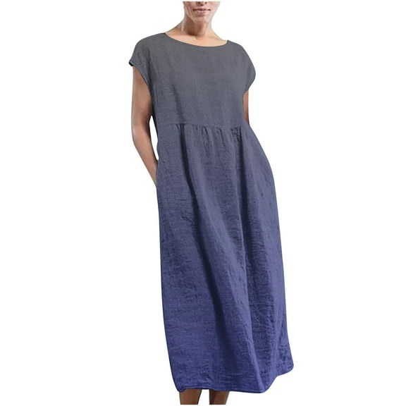 safuny Women's Cotton Midi Loose Dress Nightgown Sundress Gradient Color Fashion Summer Short Sleeve Dress Round Neck Elegant Casual Relaxed Blue M