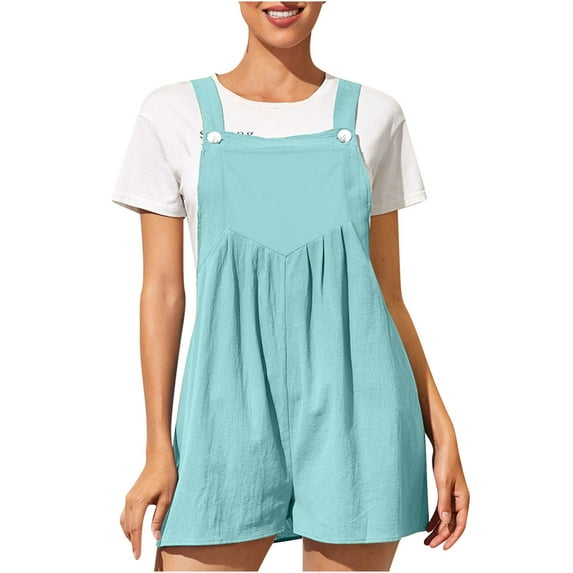 safuny Women's Cotton Short Jumpsuit Rompers Clearance Solid Leisure Bandage Loose Baggy Pocket Sleeveless Scoop Neck Clothing Summer Retro Comfy Trousers Fashion Blue
