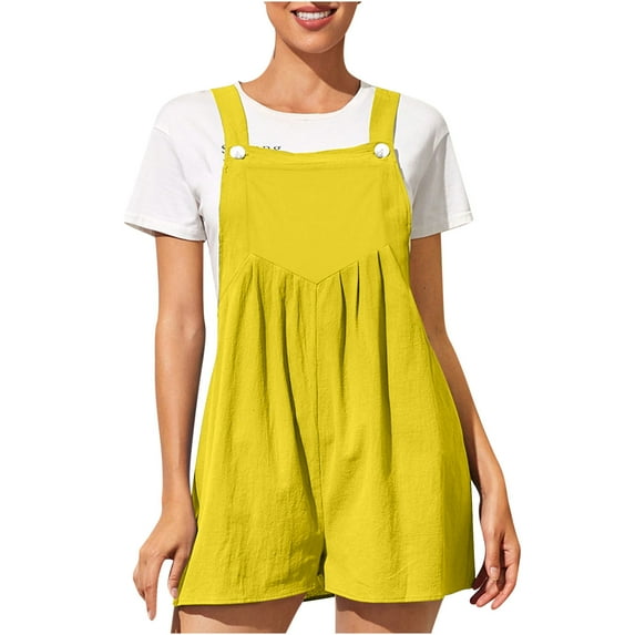 safuny Women's Cotton Short Jumpsuit Rompers Clearance Solid Leisure Bandage Loose Baggy Pocket Sleeveless Scoop Neck Clothing Summer Retro Comfy Trousers Fashion Yellow