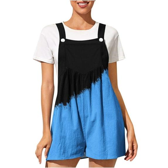 safuny Women's Cotton Shorts Jumpsuit Rompers Graphic Leisure Bandage Loose Baggy Pocket Sleeveless Scoop Neck Clothing Summer Retro Comfy Trousers Fashion Blue M