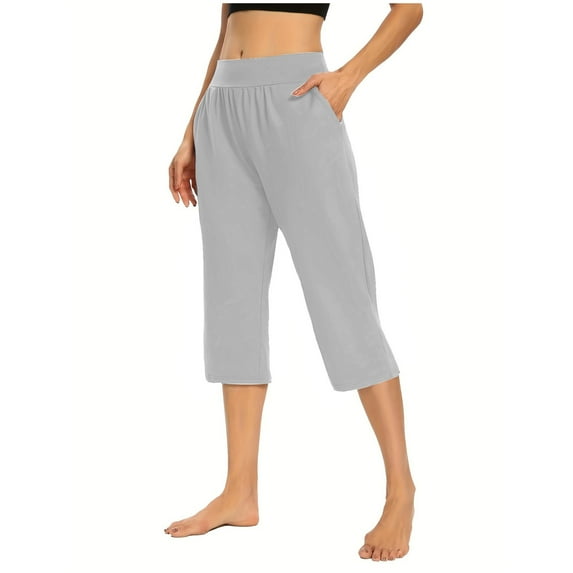 safuny Women's Cropped Trousers Capri Relaxed Sports Exercise Solid Color Pants for Women Summer Elastic High Waist Stretchy Workout Vacation Activewear Causal Workout with Pocket Gray XXXL