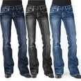 thumbnail image 1 of safuny Women's Denim Flare Pants Jeans Fall Low Waist Trousers Fit Casual Daily Trendy Solid Retro Relaxed Girls Dark Blue S, 1 of 6
