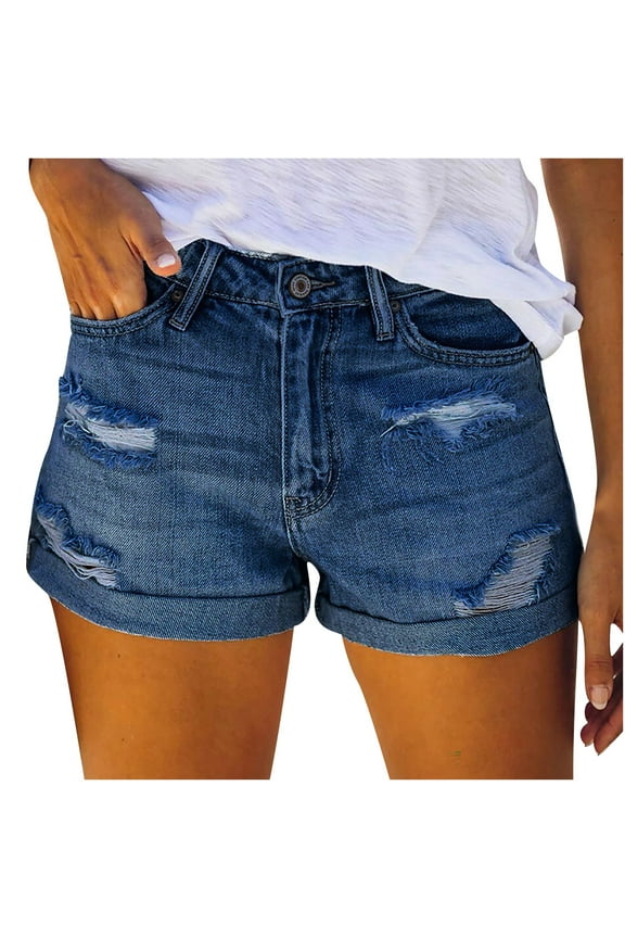Women's Denim Hot Pants Beach Mini Shorts Jeans Pocket Teen Girls Holiday Ripped High Waisted Button Summer Pants Casual Relaxed Workout Beach Trousers Blue S