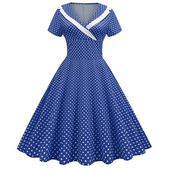 safuny Women's Dress Dressy Loose Square Neck Formal Party Evening Swing High Waist Dresses Comfy Casual Short Sleeve Polka Dots Plus Size For Mujer Elegante Navy M