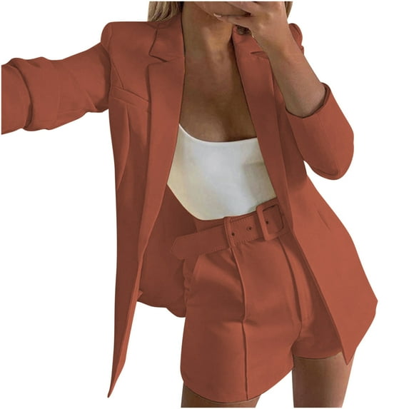 safuny Women's Elegant Business Suit Sets With Belt 3Pc Holiday Spring Retro Solid Long Sleeve Lapel Blazer Coat High Waist Shorts Casual Relaxed Fashion Coffee XL