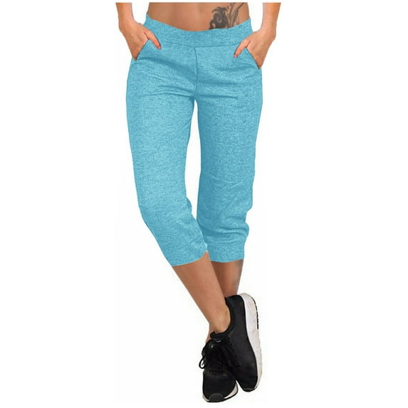 safuny Women's Denim Capri Legging Pencil Pants Casual Comfy Stretchy Sports Relaxed Floral Trousers Fashion Teen High Elastic Waist Girls Blue M