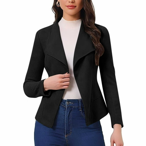 safuny Women's Fashion Faux Suede Jackets Lapel Long Sleeve Cardigan Open Front Outerwear Cropped Coats Black _i M