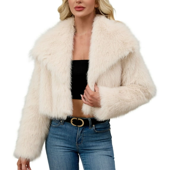 safuny Women's Faux Fur Coat Jacket Long Sleeve Lapel Furry Winter Jackets V Neck Short Coat Beige _k XXXL
