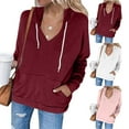 thumbnail image 1 of safuny Women's Fit Tops Hooded Sweatshirt Pocket Holiday V Neck Solid Drawstring Pullover Trendy Shirts Long Sleeve Sports Casual Relaxed Fall Pink S, 1 of 5