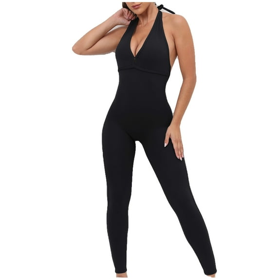 safuny Women's Fitness Leggings Jumpsuit One-Piece Romper Summer Fall Retro Sleeveless Halter Neck Trousers Casual Yoga Sports Slim Solid Backless Elegant Girls Relaxed Trendy Black S
