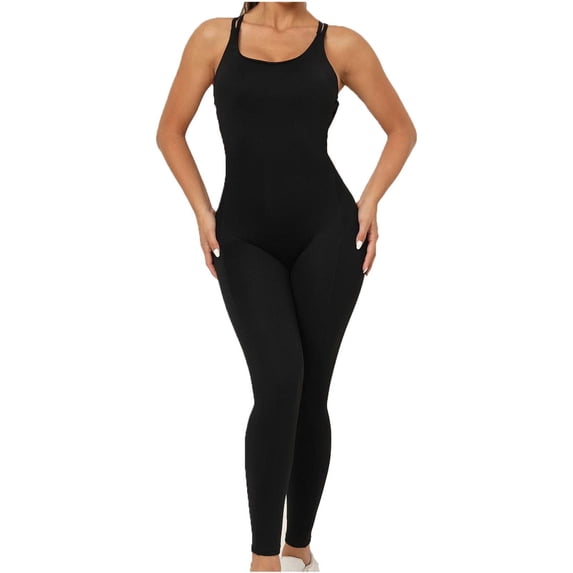 safuny Women's Fitness Leggings Jumpsuit One-Piece Romper Summer Fall Trousers Solid Cross Backless Elegant Girls Trendy Sleeveless Scoop Neck Casual Running Yoga Sports Slim Black M