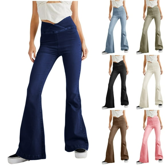 safuny Women's Flared Jeans Denim Wide Leg Pants Trendy Trousers Casual Comfy Elegant Irregularity Cowboy Solid Girls Teen Holiday High Waist Army Green S