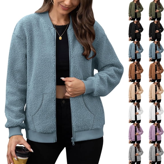 safuny Women's Fleece Crew Neck Jacket Long Sleeve Fuzzy Comfy Coat Zip Up Fall Winter Jackets with Pockets Coffee _d L