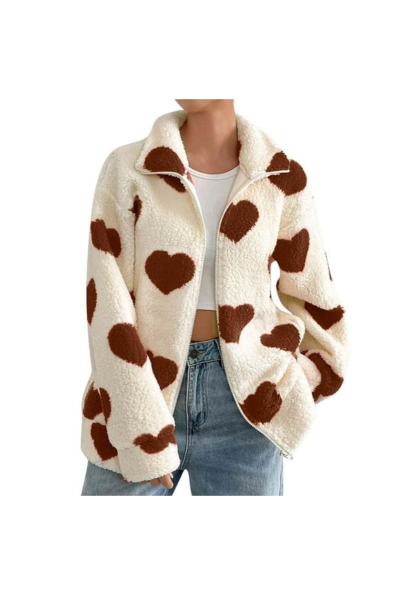 Women's Fleece Jackets Reversible Heart Graphy Fuzzy Zip Up Coats Aesthetic Winter Oversized Outwear Coffee _i XL
