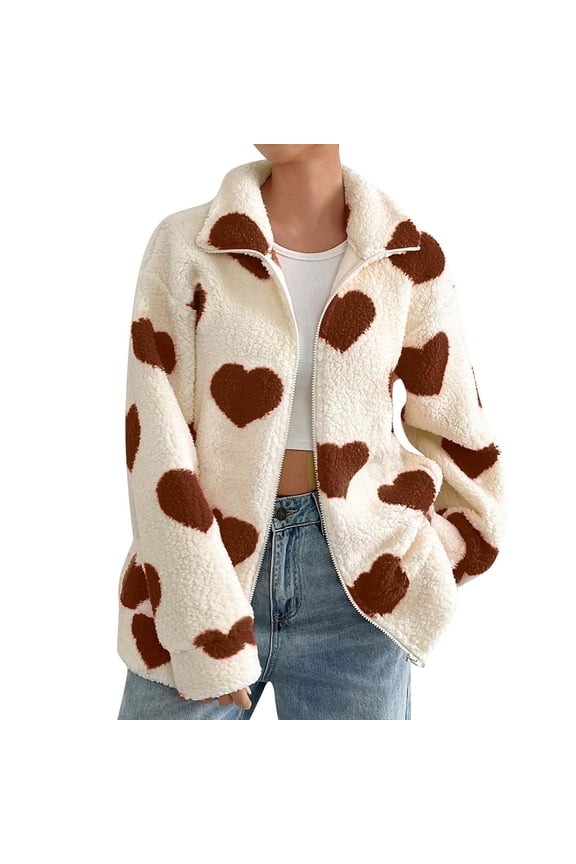 Women's Fleece Jackets Reversible Heart Graphy Fuzzy Zip Up Coats Aesthetic Winter Oversized Outwear Coffee _i XXL