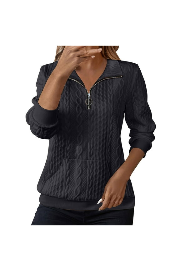 Women's Half Zip Quilted Pullover Sweatshirts Square Neck Long Sleeve Tops Textured Solid Casual Fashion Fall Sweaters Dark Gray _f S