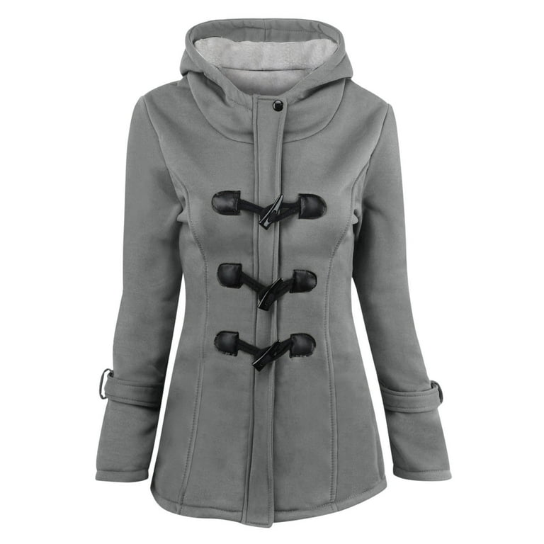 safuny Women s Horn Toggle Button Hooded Jacket Winter Thicken Coat Pocket Solid Color Tops Fall Long Sleeve Crew Neck Vintage Casual Comfy Holiday