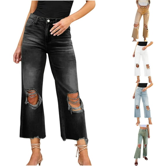 safuny Women's Jeans Relaxed Straight Pants for Women Summer Causal Solid Color High Waist Workout Vacation Trousers Zipper Bottons with Pocket Denim Black S