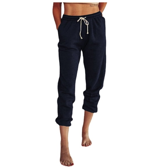safuny Women's Jogger Cuff Pants Clearance Solid Comfy Trousers Retro Clothing Summer Elastic Waist Casual Loose Drawstring Fashion Navy L