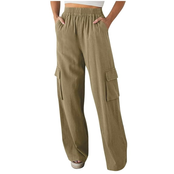 safuny Women's Jogger Cuff Pants Solid Comfy Trousers Retro Clothing Summer Elastic Waist Casual Loose Drawstring Fashion Yellow S