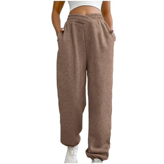 safuny Women's Jogger Pants Cargo Sweatpants Pocket Holiday Workout Teen Girls Clearance Solid Color Elastic Waist Fashion Casual Activewear Comfy Relaxed Trousers Brown M