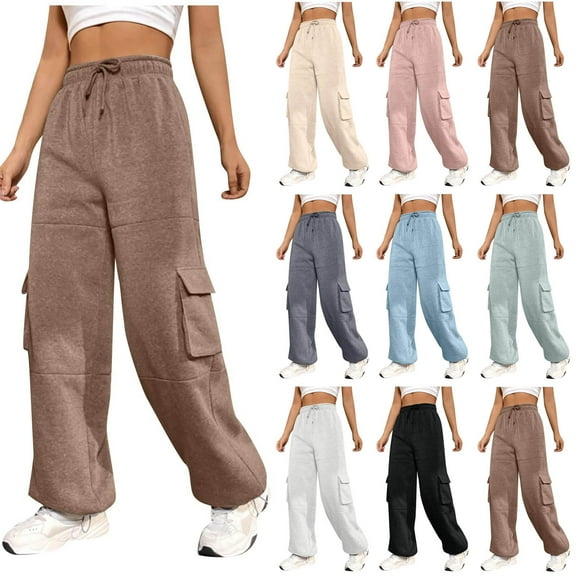 safuny Women's Jogger Pants Cargo Sweatpants Pocket Teen Girls Fashion Workout Solid Color Holiday Elastic Waist Drawstring Casual Activewear Relaxed Trousers Beige L