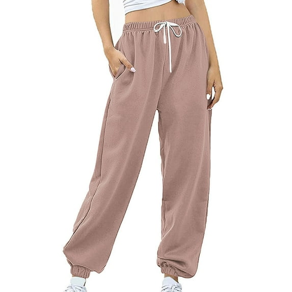 safuny Women's Jogger Sweatpants Activewear Outdoor Pants Holiday Elastic Waist Trendy Trousers Casual Comfy Sports Girls Solid Color Teen Khaki M