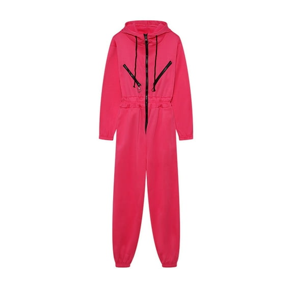 safuny Women's Jumpsuit Fashion Full Length Trousers Drawstring Zipper Hooded Jumpsuit Jumpsuit for Lady Wife Daughter Girlfriend Solid Color Comfy Lounge Casual Hot Pink M