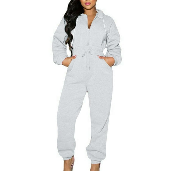 safuny Women's Jumpsuit Jumpsuit For Lady Wife Daughter Girlfriend Fashion Full Trousers V-Neck Long Sleeve Zip Belt Closure Jumpsuit Solid Color Comfy Lounge Casual Gray XL