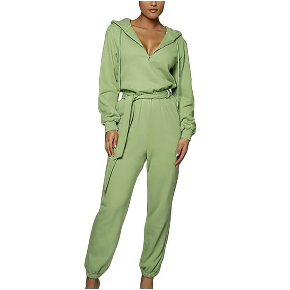 safuny Women's Jumpsuit Jumpsuit for Lady Wife Daughter Girlfriend Fashion Full Trousers V-Neck Long Sleeve Zip Belt Closure Jumpsuit Solid Color Comfy Lounge Casual Army Green L