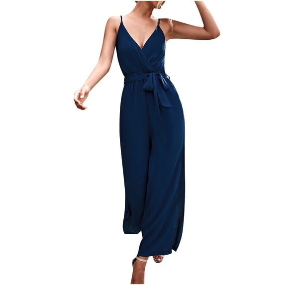safuny Women's Jumpsuit Solid Color Jumpsuit for Lady Wife Daughter Girlfriend Comfy Lounge Casual Fashion Full Trousers Sleeveless Suspenders V Neck Split Jumpsuit Navy L
