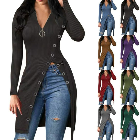 safuny Women's Above Knee Dress Sweatshirt Clearance Solid Fashion Vacation Winter Autumn Dress Long Sleeve Zipper Neck Button Side Split Army Green S