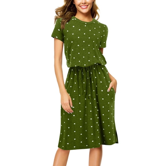 safuny Women's Knee Length Blouson Dress Polka Dot Print Elegant Casual Comfy Retro Boho Short Sleeve Holiday Summer Beach Round Neck Dress Clothing Army Green XXL