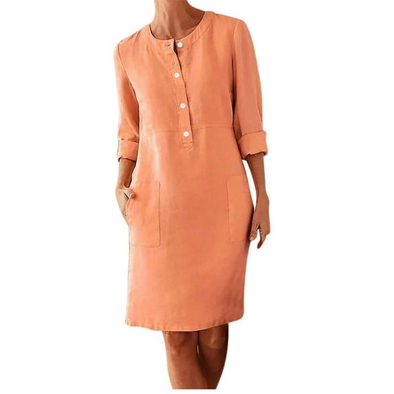 safuny Women's Knee Length Cotton Linen Dress with Pocket Solid Crew Neck Long Sleeve Elegant Leisure Button Fashion Vacation Winter Autumn Dress Orange M