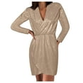 thumbnail image 1 of safuny Women's Knee Length Dress Solid Shiny V Neck Elegant Leisure Comfy Fashion Vacation Long Sleeve Fall Dress Winter Khaki L, 1 of 6