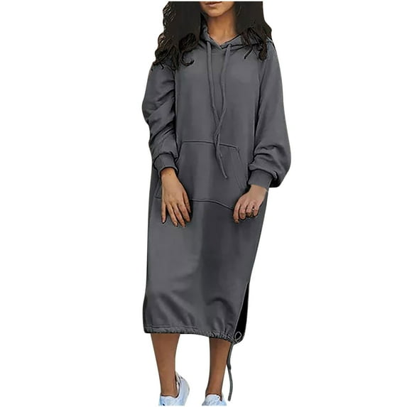 safuny Women's Knee Length Hoodie Dress Long Sweatshirt Pullover Pocket Solid Color Crew Neck Holiday Long Sleeve Elegant Casual Daily Comfy Trendy Dresses Gray XL