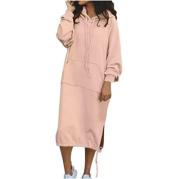 safuny Women's Knee Length Hoodie Dress Long Sweatshirt Pullover Pocket Solid Color Crew Neck Holiday Long Sleeve Elegant Casual Daily Comfy Trendy Dresses Pink L