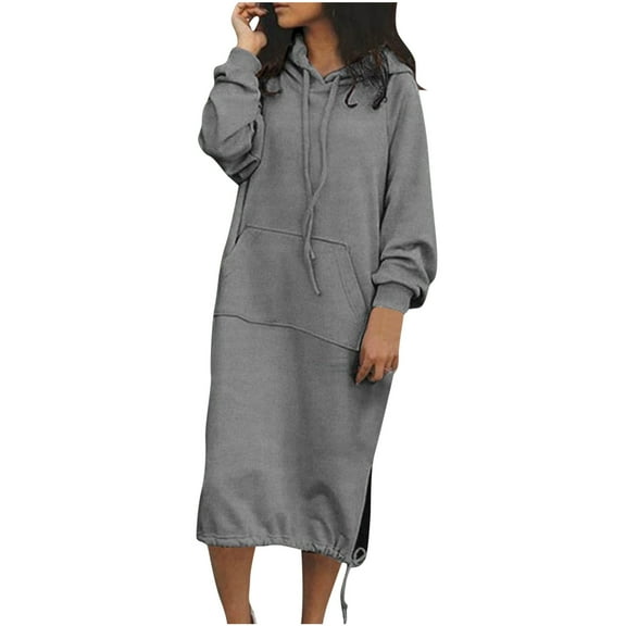 safuny Women's Knee Length Hoodie Dress Long Sweatshirt Pullover Pocket Solid Color Crew Neck Holiday Long Sleeve Elegant Casual Daily Comfy Trendy Dresses Gray L