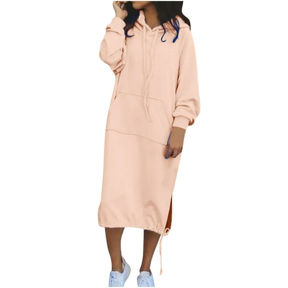 safuny Women's Knee Length Hoodie Dress Long Sweatshirt Pullover Pocket Solid Color Crew Neck Trendy Dresses Long Sleeve Elegant Casual Daily Comfy Holiday Pink XXXXL