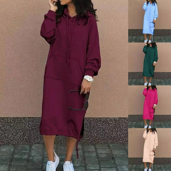 safuny Women's Knee Length Hoodie Dress Long Sweatshirt Pullover Pocket Solid Color Crew Neck Trendy Dresses Long Sleeve Elegant Casual Daily Comfy Holiday Green XXXXXL