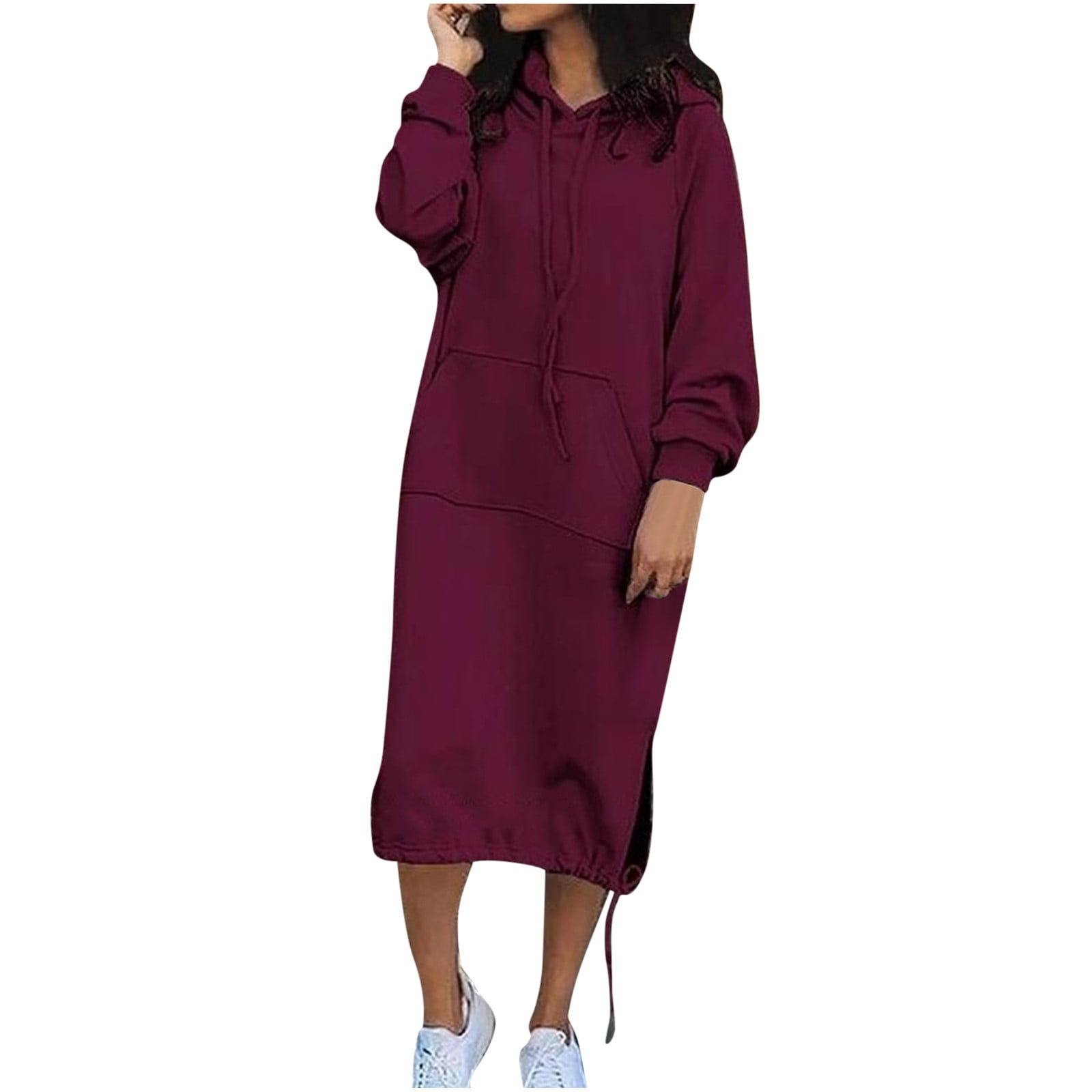 Safuny Women's Knee Length Hoodie Dress Long Sweatshirt Pullover Pocket Solid Color Crew Neck Trendy Dresses Long Sleeve Elegant Casual Daily Comfy