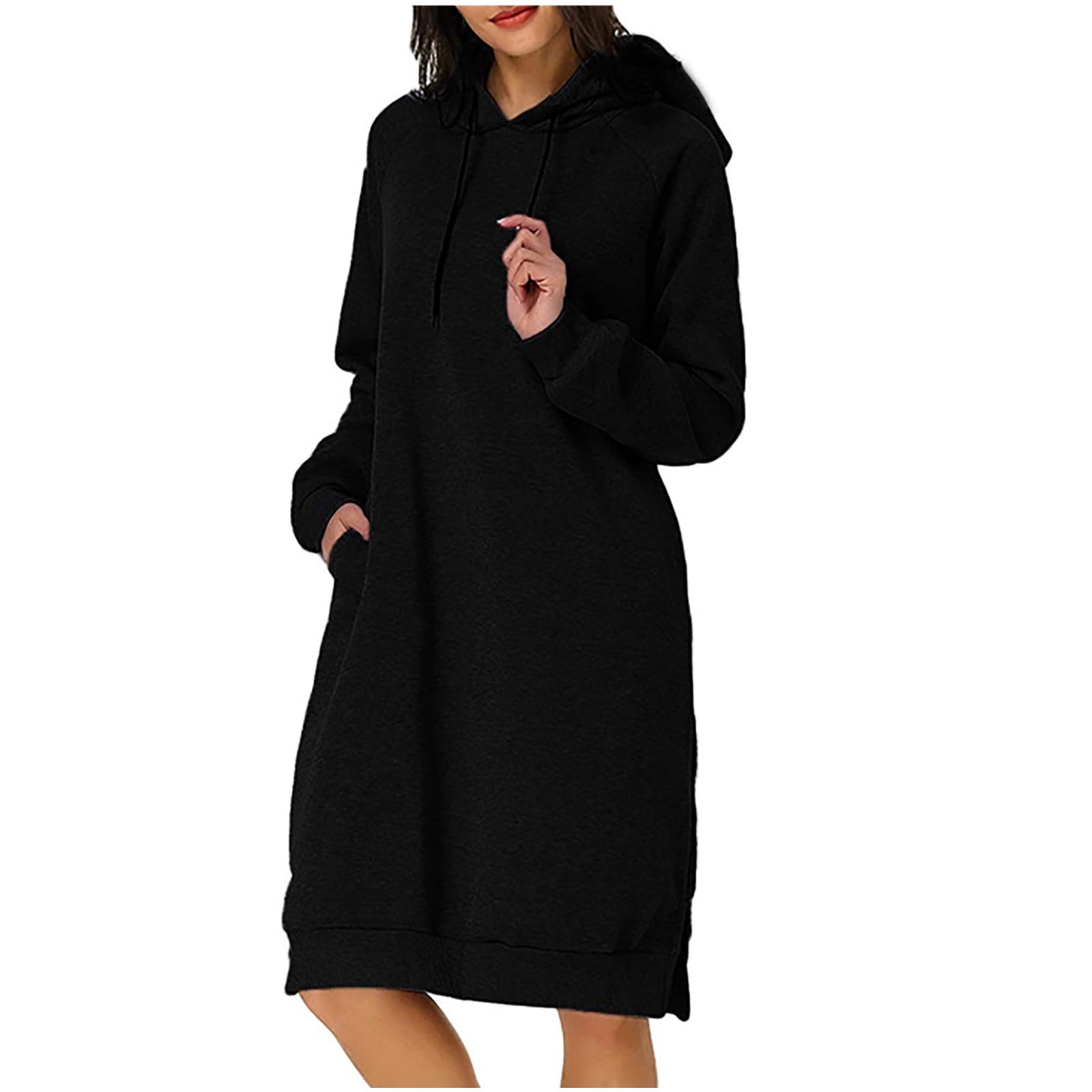 safuny Women s Knee Length Hoodie Dress Long Sweatshirt Pullover Solid Color Holiday Long Sleeve Crew Neck Elegant Casual Daily Comfy Trendy Dresses Black L Walmart
