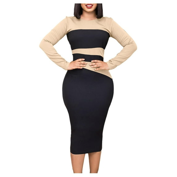 safuny Women's Knee Length Pencil Dress Color Block Round Neck Elegant Casual Party Fashion Clearance Long Sleeve Dress Yellow XL