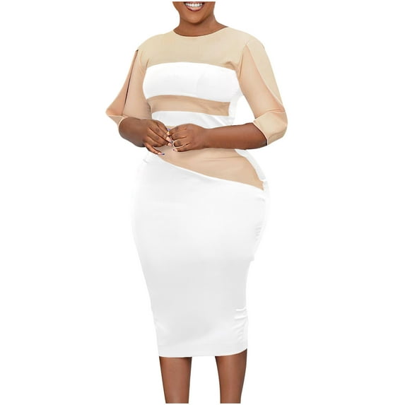 safuny Women's Knee Length Pencil Dress Color Block Round Neck Fashion Half Sleeve Dress Elegant Casual Party Clearance White M