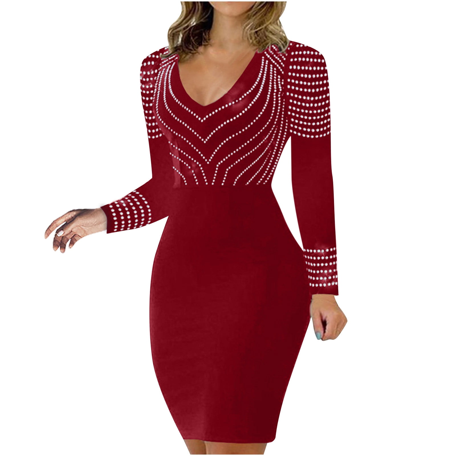 safuny Women's Knee Length Pencil Dress Solid Diamond Holiday Elegant  Leisure Zipper Long Sleeve Retro Fashion Winter Scoop Neck Autumn Dress  Wine S - Walmart.com