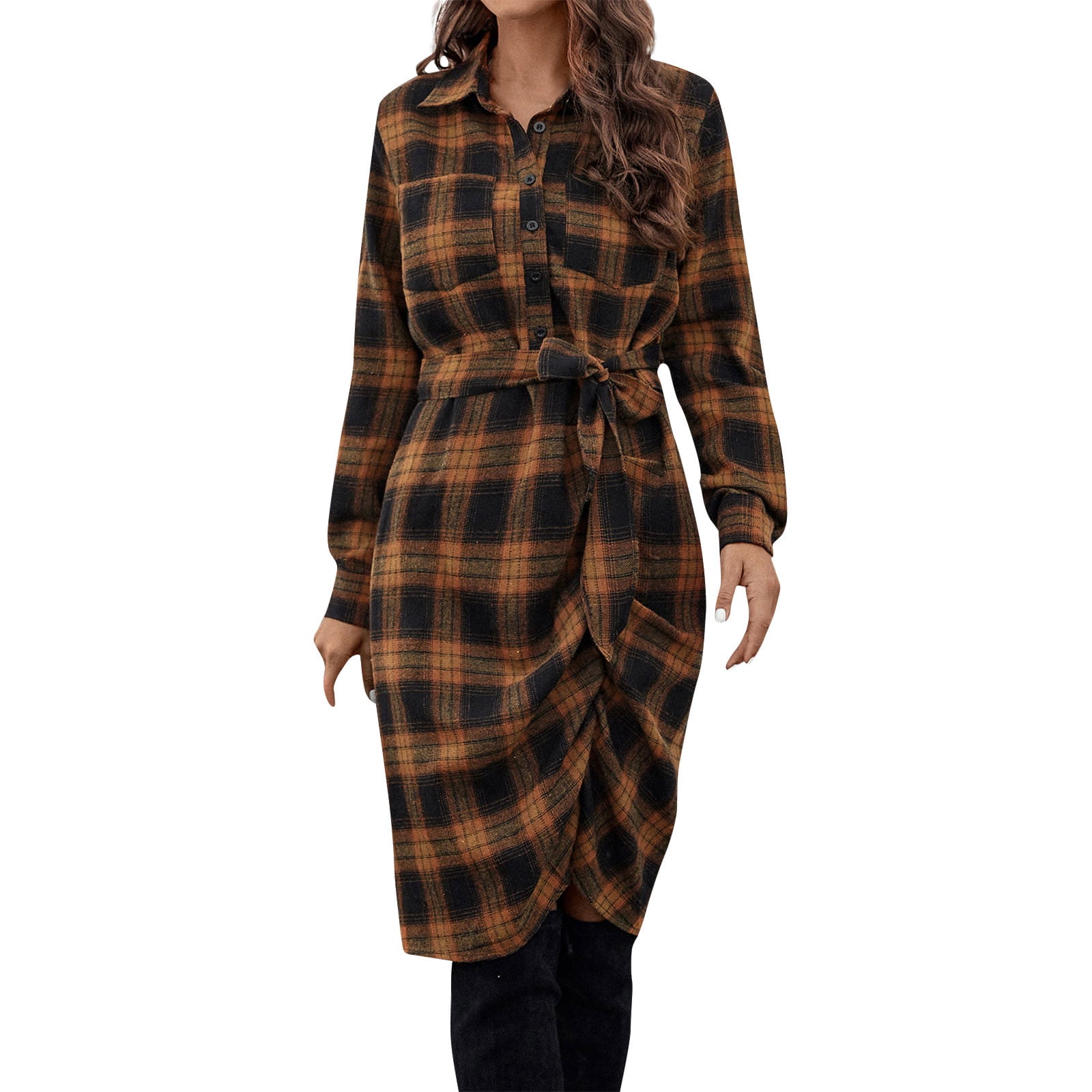 chinese dress ladies KJP Women's Apple Cinnamon Long Sleeve Flannel Belted Maxi Dress – Kiel  James Patrick