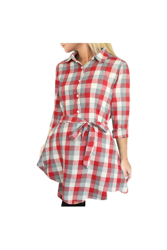 Women's Knee Length Shirt Dress with Pocket Plaid Fashion Vacation Long Sleeve Fall Dress Winter Turndown Collar Bandage Elegant Red M