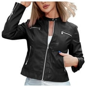 safuny Women's Lightweight Biker Leather Jacket Cropped Coat Motorcycle Suit Fall Stand Collar Zipper-Up Leisure Comfy Retro Pocket Holiday Trendy Outwear Solid Color Black XS