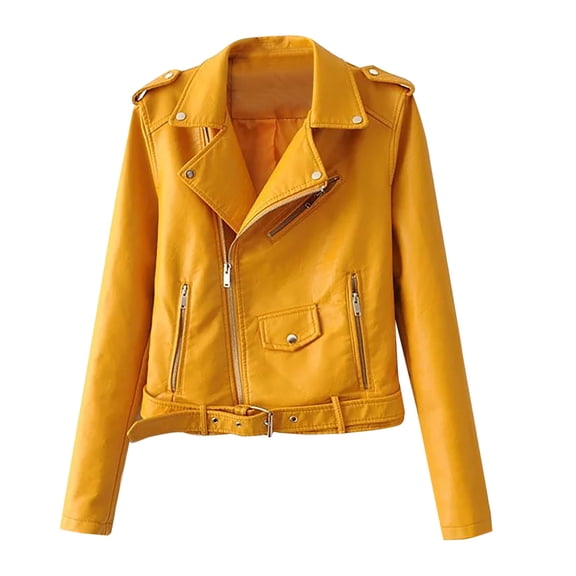 safuny Women's Lightweight Biker Leather Jacket Cropped Coat Motorcycle Suit Holiday Solid Color Trendy Outwear Fall Leisure Comfy Retro Pocket Turn Down Collar Yellow S